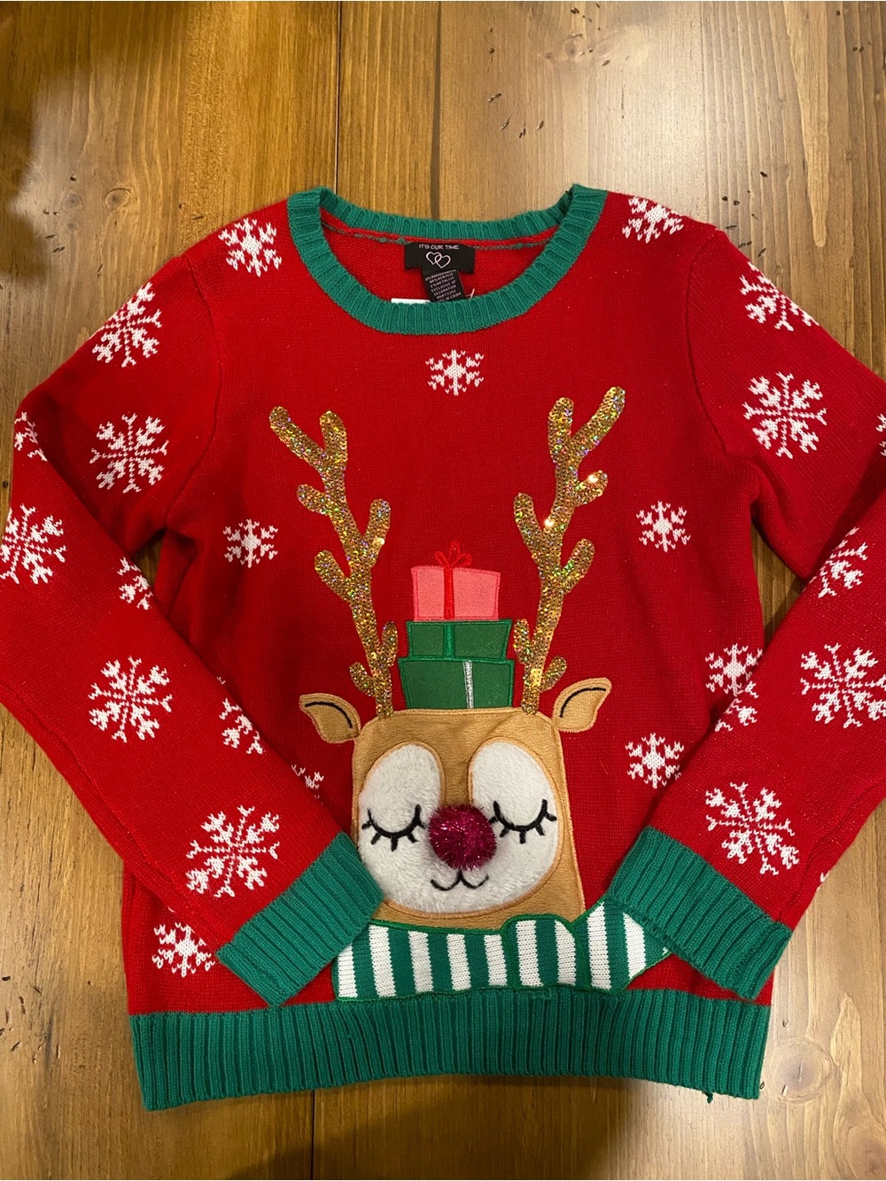 NWT Festive Reindeer Christmas Sweater - Red & Green Holiday XL Kids
